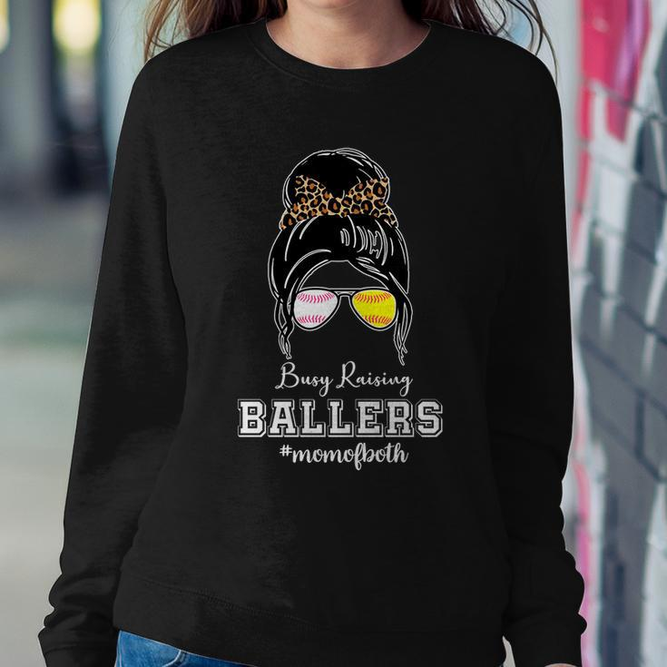 Busy Raising Ballers Mom Of Both Baseball Softball Messy Bun Sticker Features De Sweatshirt Gifts for Her