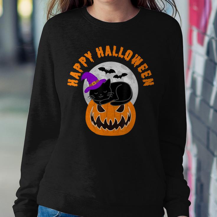 Cute Black Cat Witch Scary Pumpkin Happy Halloween Sweatshirt Gifts for Her