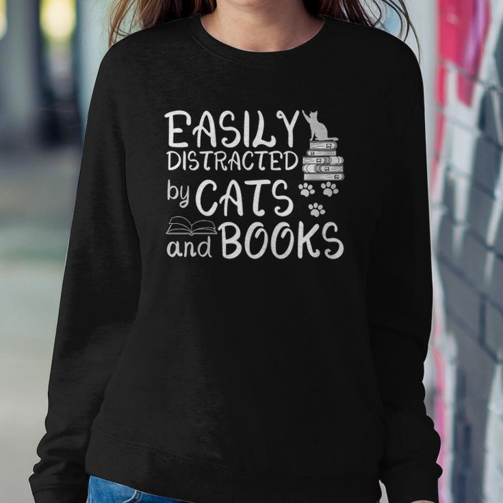 Easily Distracted By Cats And Books Funny Book Lover Sweatshirt Gifts for Her