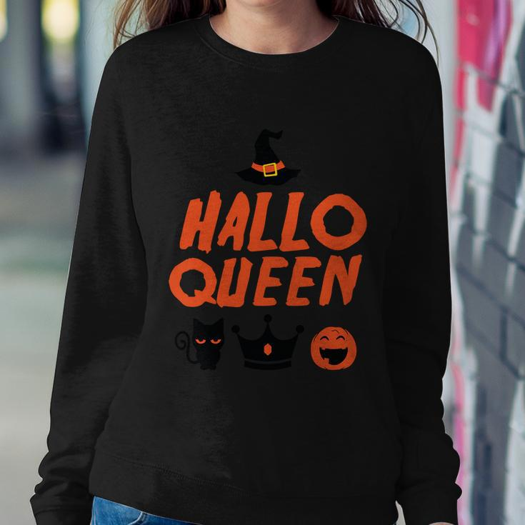 Hallo Queen Witch Hat Pumpkin Cat Halloween Quote Sweatshirt Gifts for Her