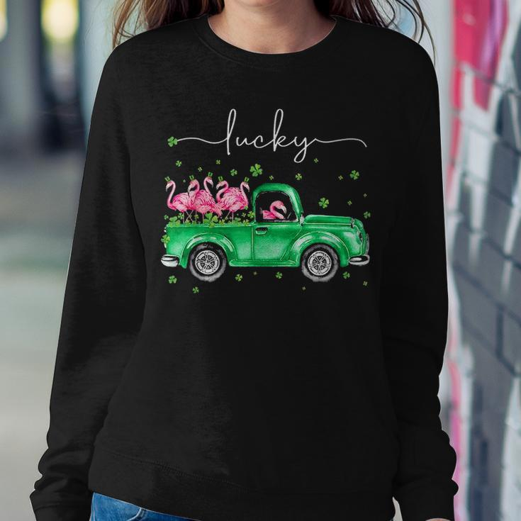 Lucky Flamingo Riding Green Truck Shamrock St Patricks Day Graphic Design Printed Casual Daily Basic Sweatshirt Gifts for Her