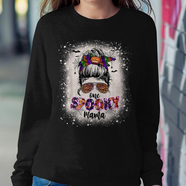 One Spooky Mama Mommy Halloween Mom Life Messy Bun Bleached Sweatshirt Gifts for Her