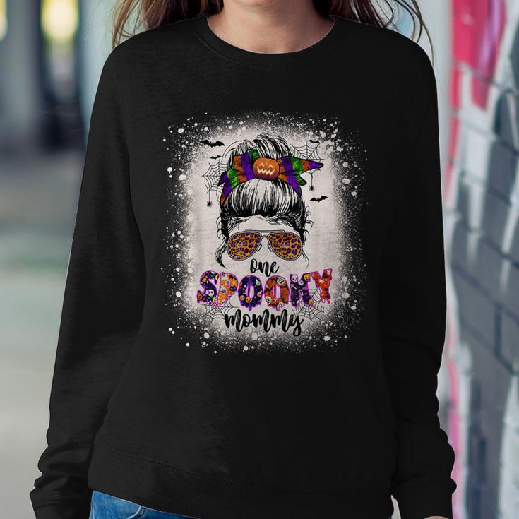 One Spooky Mommy Mama Halloween Mom Life Messy Bun Bleached Sweatshirt Gifts for Her