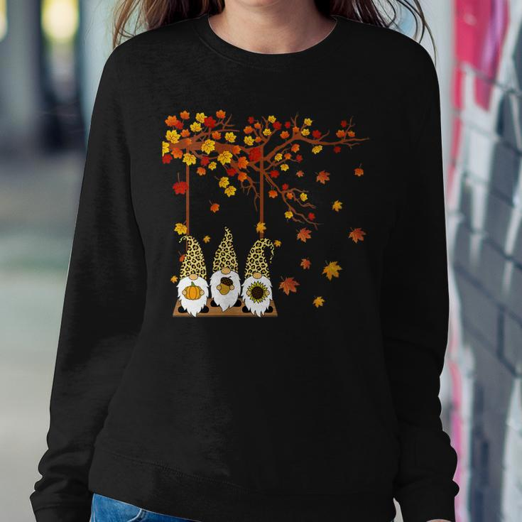 Womens Halloween Three Gnomes Hat Leopard Pumpkin Fall Leaves Sweatshirt Gifts for Her