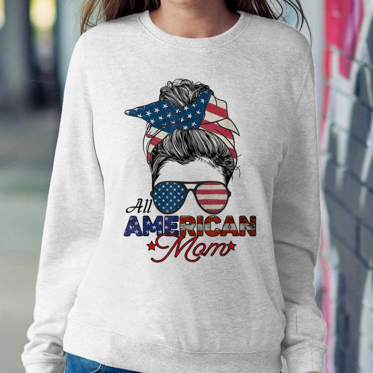 All American Mom 4Th July Messy Bun Us Flag Sweatshirt Gifts for Her