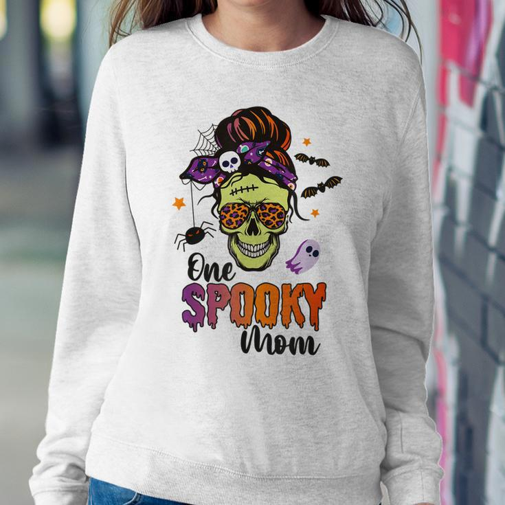 One Spooky Mama Mom Halloween Skull Messy Hair Bun Mother Sweatshirt Gifts for Her