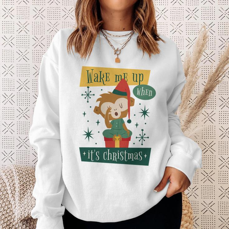 Wake Me Up When Its Christmas Monkey Cute Graphic Design Printed Casual Daily Basic Sweatshirt Gifts for Her