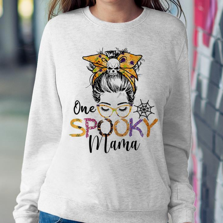 Womens One Spooky Mama Messy Bun Funny Mom Halloween Spider Costume Sweatshirt Gifts for Her