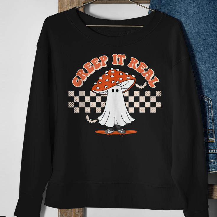 Checkered Mushroom Ghost Creep It Real Funny Halloween Sweatshirt Gifts for Old Women