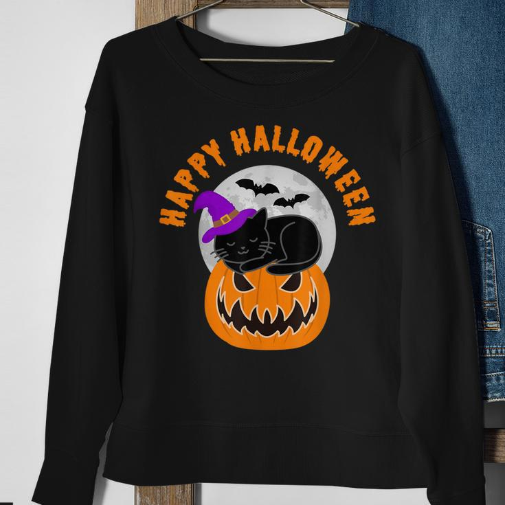 Cute Black Cat Witch Scary Pumpkin Happy Halloween Sweatshirt Gifts for Old Women