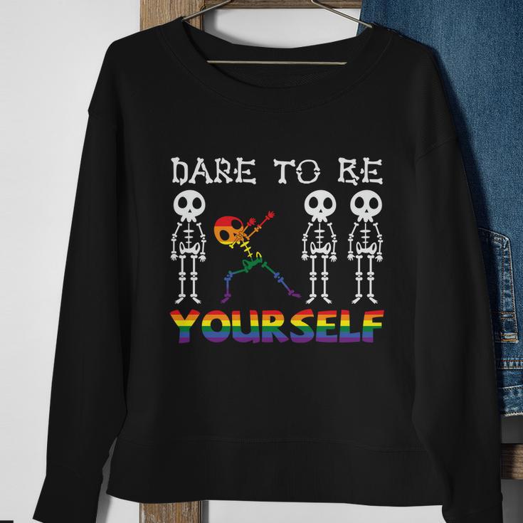 Dare To Be Yourself Skeleton Lgbt Gay Pride Lesbian Bisexual Ally Quote Sweatshirt Gifts for Old Women