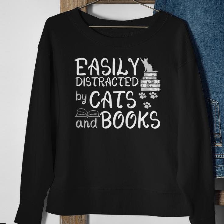 Easily Distracted By Cats And Books Funny Book Lover Sweatshirt Gifts for Old Women