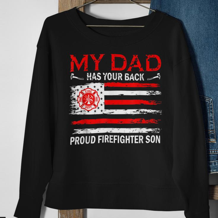 Firefighter Retro My Dad Has Your Back Proud Firefighter Son Us Flag V2 Sweatshirt Gifts for Old Women