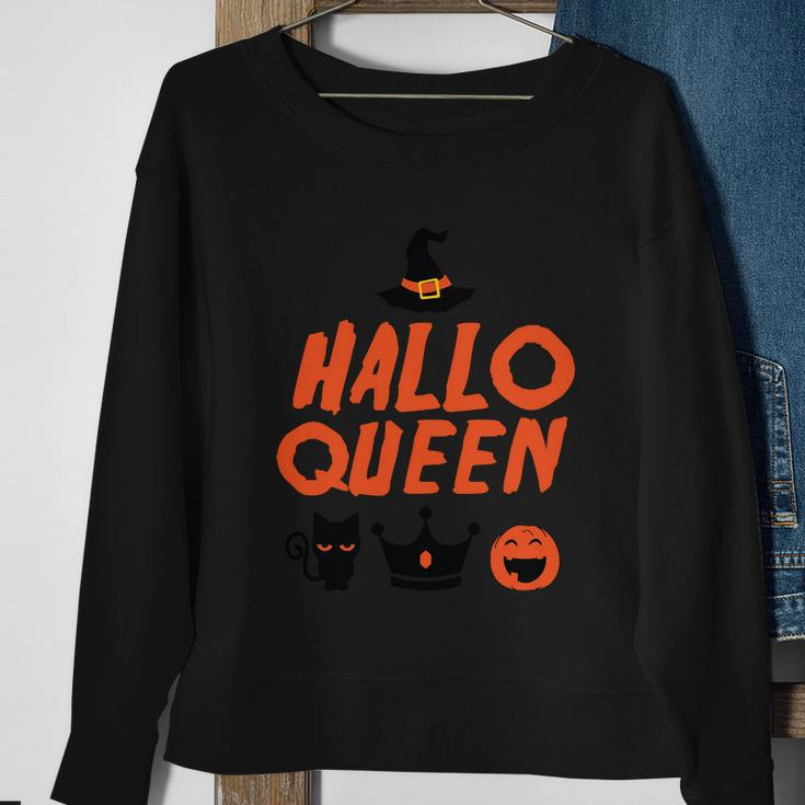 Hallo Queen Witch Hat Pumpkin Cat Halloween Quote Sweatshirt Gifts for Old Women