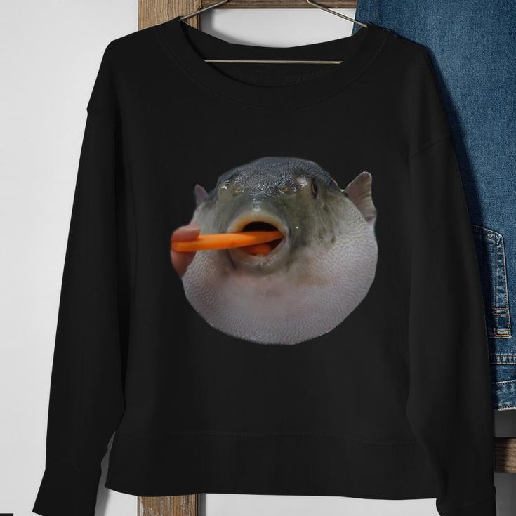 Pufferfish Eating A Carrot Meme Funny Blowfish Dank Memes Gift Sweatshirt Gifts for Old Women