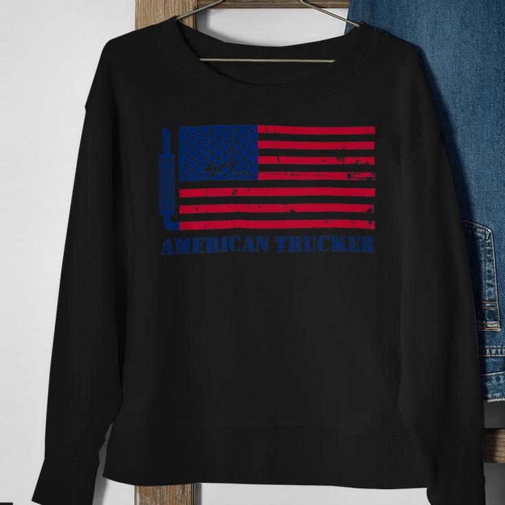 Trucker Truck Driver American Flag With Exhaust American Trucker Sweatshirt Gifts for Old Women