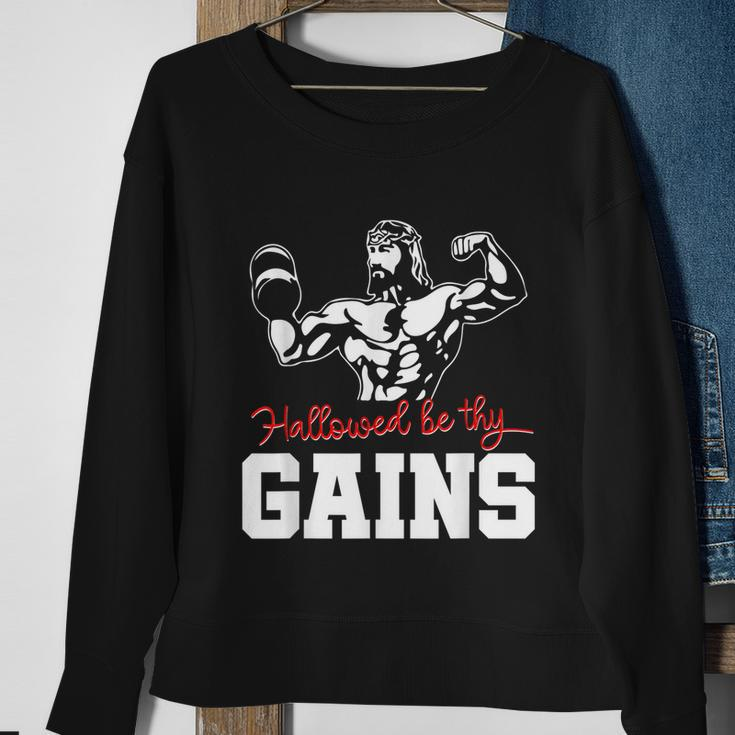 Weight Lifting Bodybuilding Hallowed Be Thy Gains Jesus Sweatshirt Gifts for Old Women