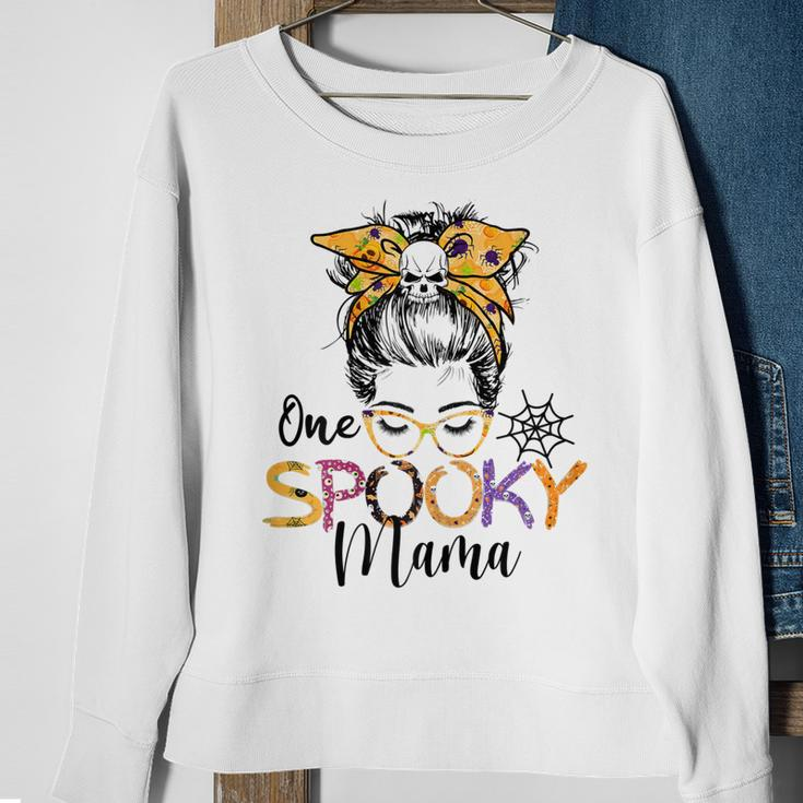 Womens One Spooky Mama Messy Bun Funny Mom Halloween Spider Costume Sweatshirt Gifts for Old Women