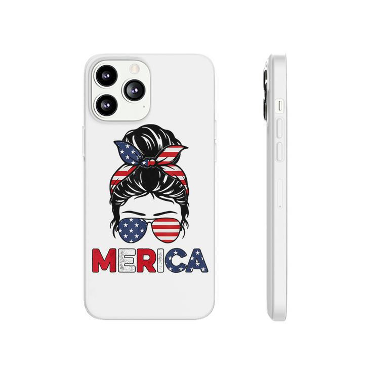 Merica Mom Girl American Flag Messy Bun Hair 4Th Of July Usa  V2 Phonecase iPhone