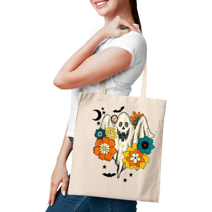 Retro Vintage Groovy Pumpkin Halloween Colors Flower Ghost Tote Bag
