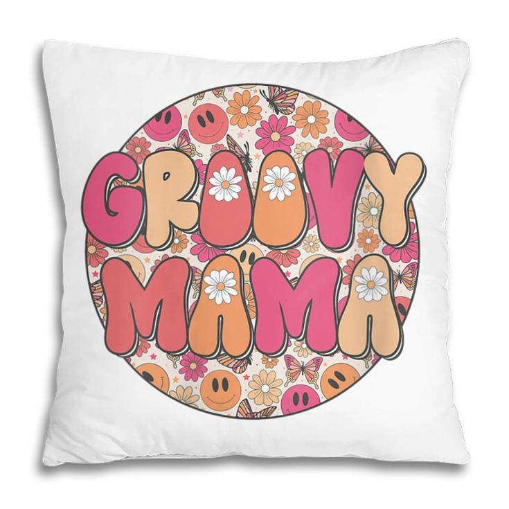 Womens Groovy Mama Hippie Retro Daisy Flower Smile Face  Pillow