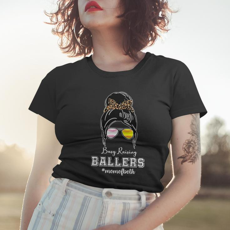 Busy Raising Ballers Mom Of Both Baseball Softball Messy Bun Sticker Features De Women T-shirt Gifts for Her