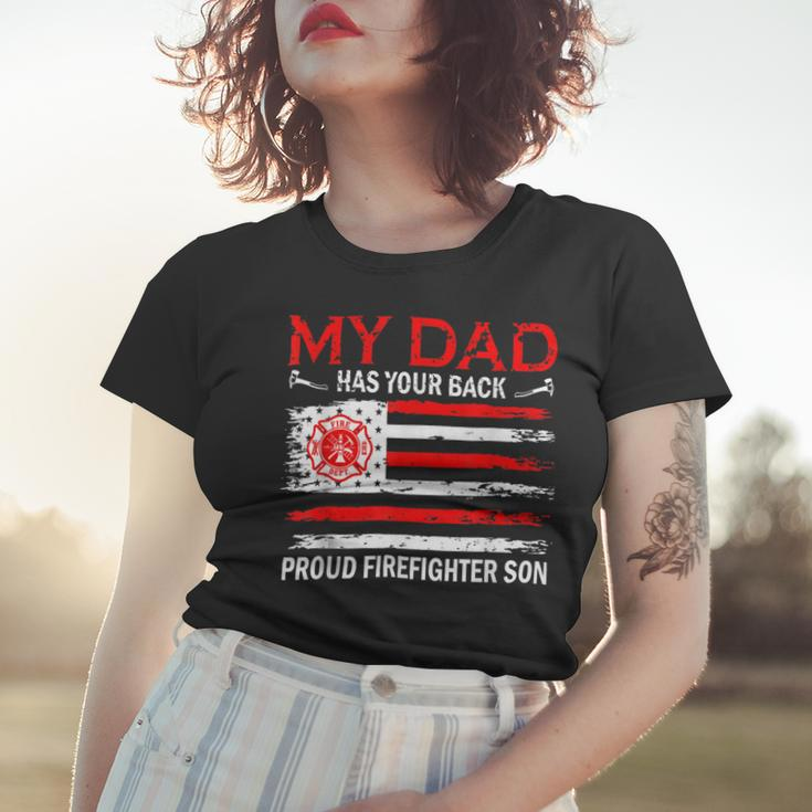 Firefighter Retro My Dad Has Your Back Proud Firefighter Son Us Flag V2 Women T-shirt Gifts for Her