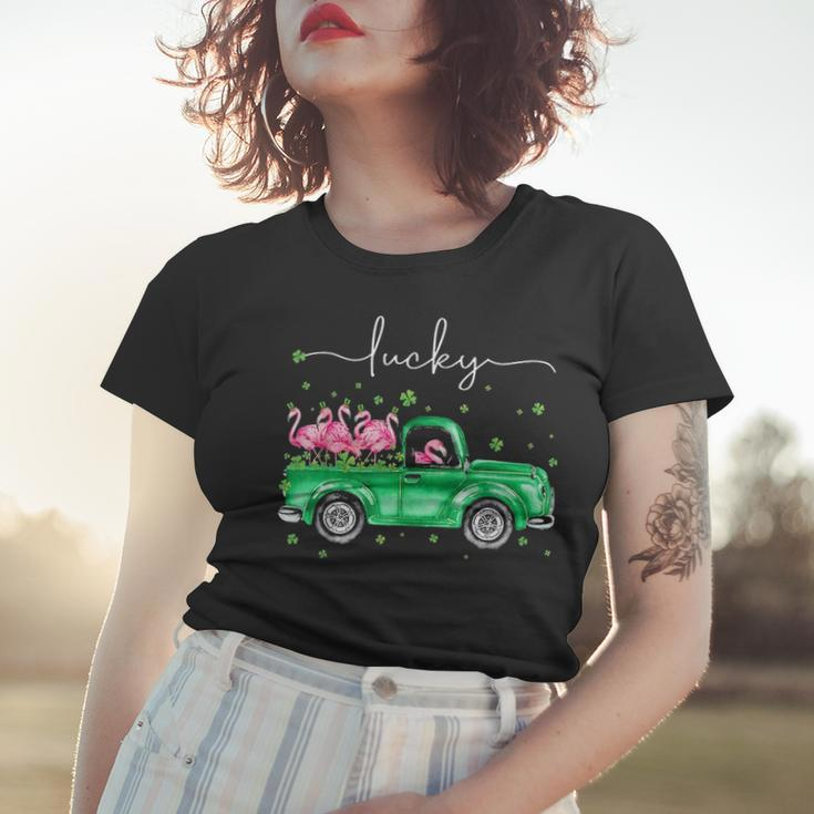 Lucky Flamingo Riding Green Truck Shamrock St Patricks Day Graphic Design Printed Casual Daily Basic Women T-shirt Gifts for Her
