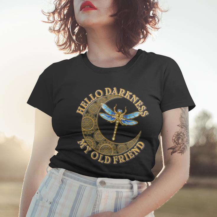 Vintage Steampunk Dragonfly Moon Hello Darkness My Old Friend Women T-shirt Gifts for Her