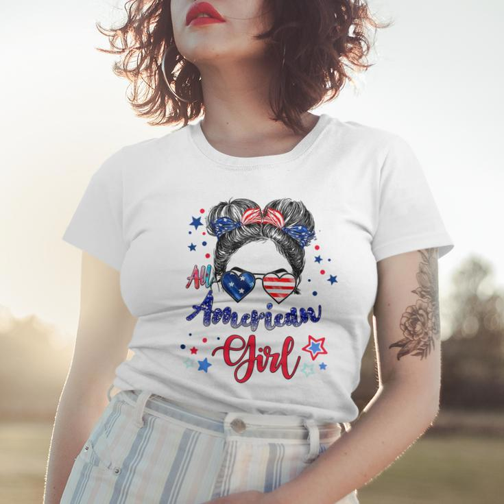 All American Girls 4Th Of July Daughter Messy Bun Usa V7 Women T-shirt Gifts for Her