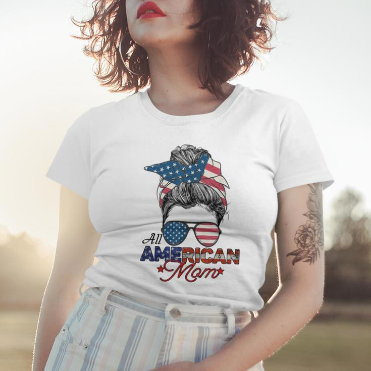 All American Mom 4Th July Messy Bun Us Flag Women T-shirt Gifts for Her