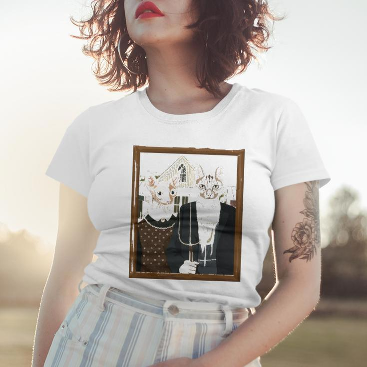 Funny American Gothic Cat Parody Ameowican Gothic Graphic Women T-shirt Gifts for Her