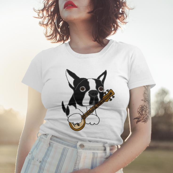 Funny Boston Terrier Dog Playing Banjo Women T-shirt Gifts for Her