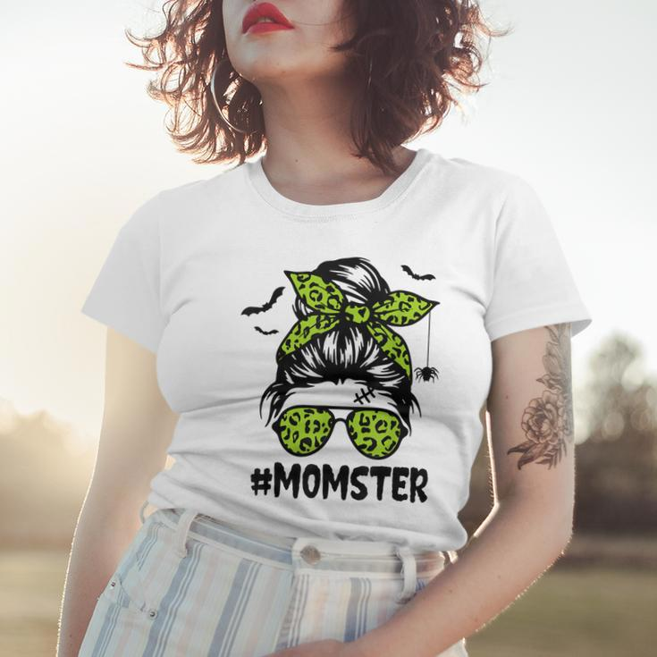 Momster For Women Halloween Mom Messy Bun Leopard Women T-shirt Gifts for Her
