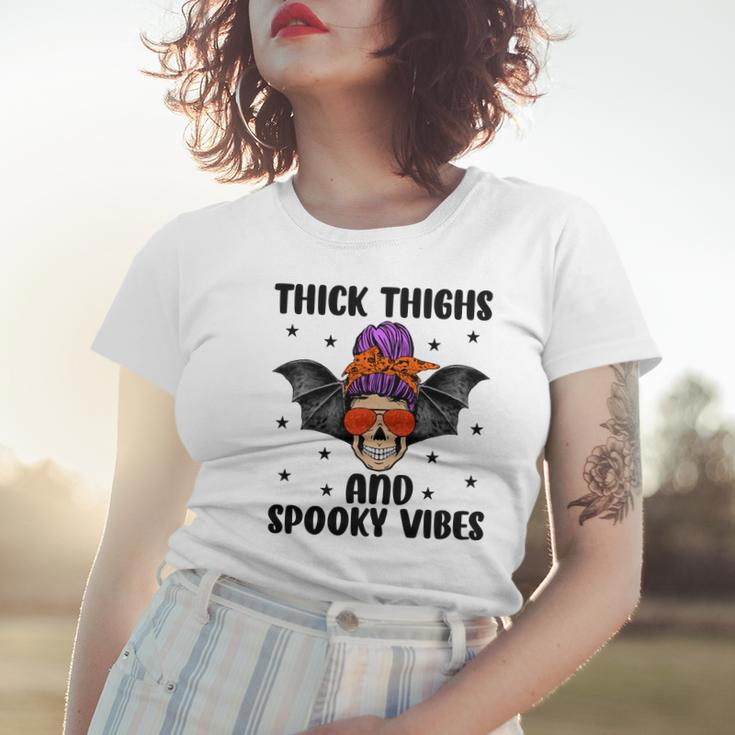 Thick Thights And Spooky Vibes Halloween Messy Bun Hair Women T-shirt Gifts for Her