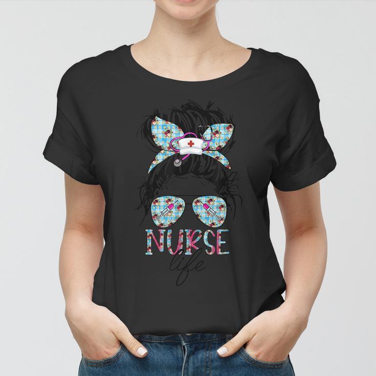 Nurse Life Leopard Messy Bun Hair Healthcare Flower Glasses  Women T-shirt