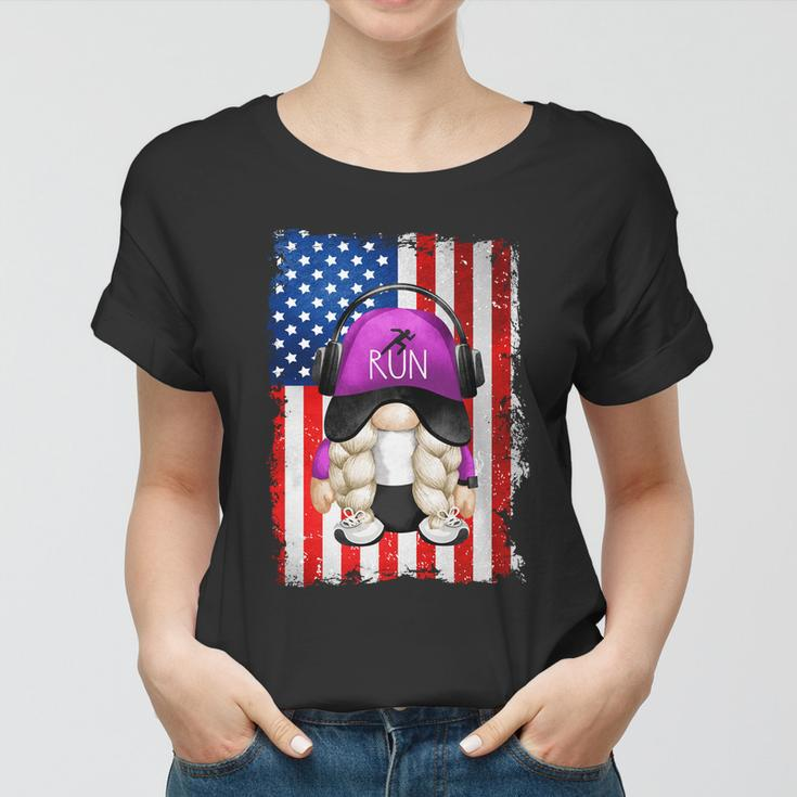 4Th Of July Running Gnome For Women Patriotic American Flag Gift Women T-shirt