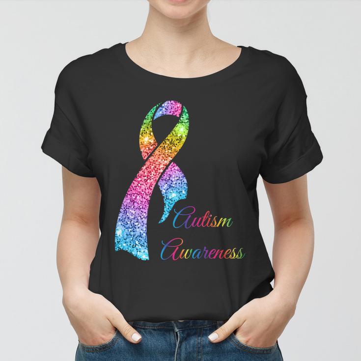 Autism Awareness Sparkle Glitter Ribbon Tshirt Women T-shirt