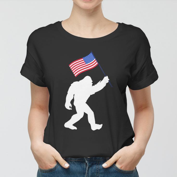 Bigfoot With American Flag Funny 4Th Of July Meaningful Gift Women T-shirt