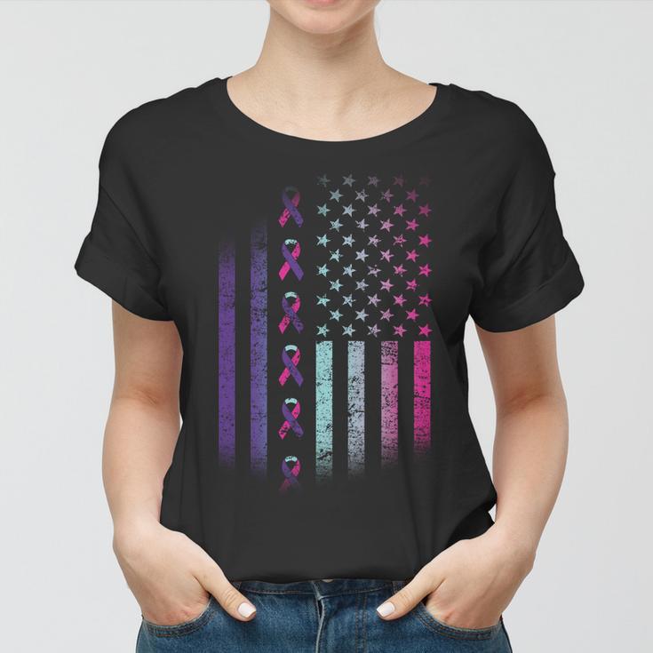 Blue Pink Teal Ribbon Flag Thyroid Cancer Awareness Women T-shirt