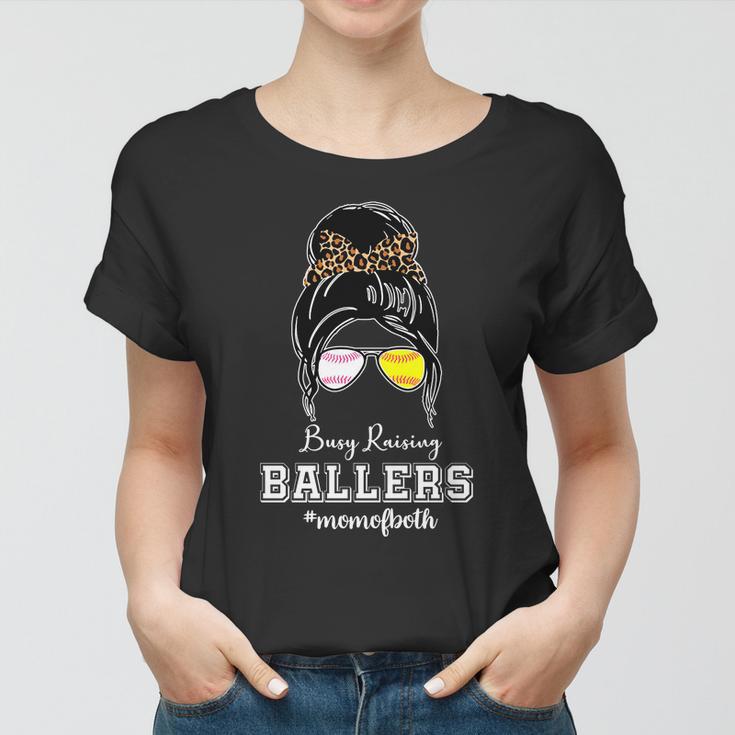 Busy Raising Ballers Mom Of Both Baseball Softball Messy Bun Sticker Features De Women T-shirt