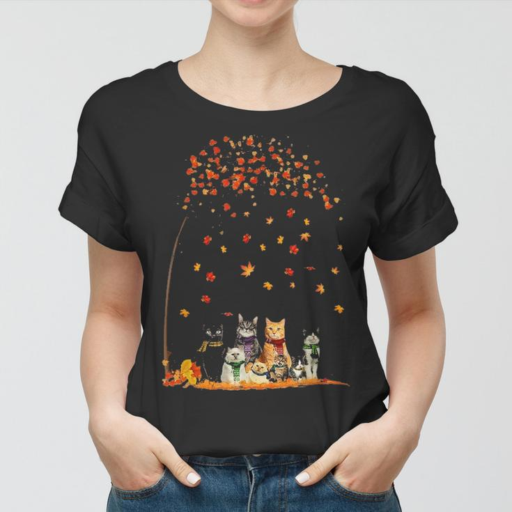 Cats Fall Autumn Leaf Tree Funny Cat Lovers Gifts Women T-shirt