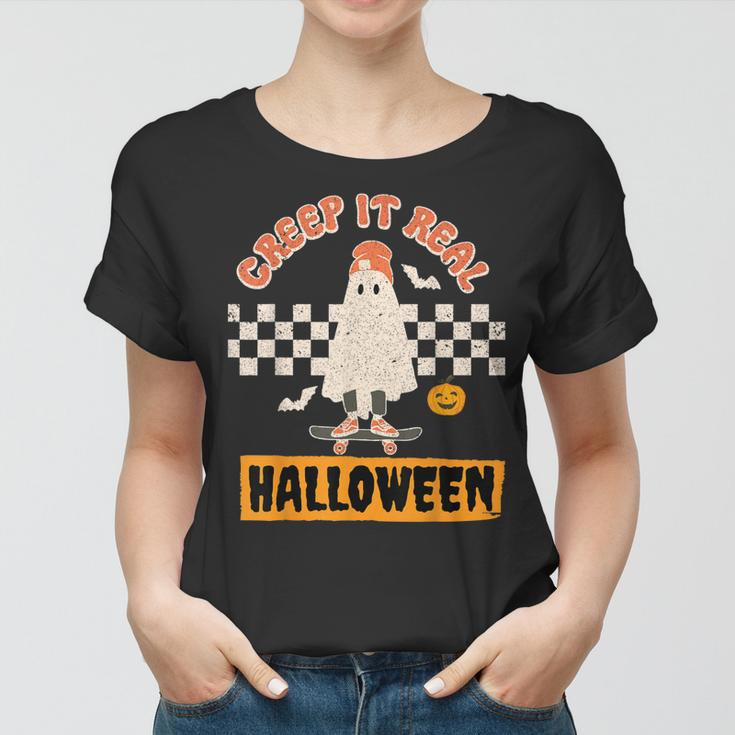 Creep It Real Retro Halloween Funny Ghost Skateboarding Women T-shirt