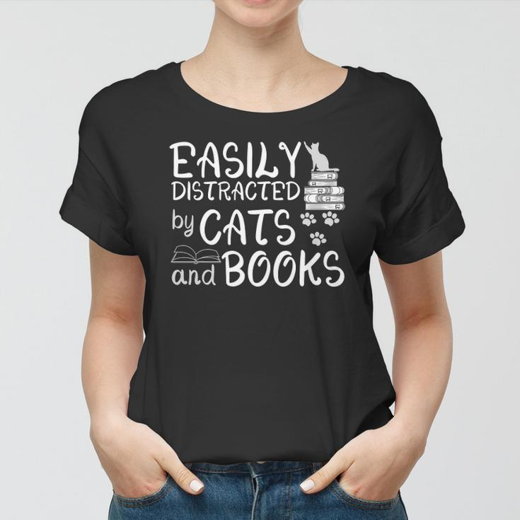 Easily Distracted By Cats And Books Funny Book Lover Women T-shirt