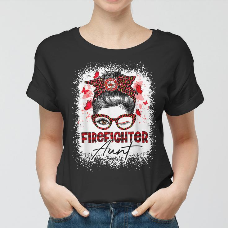 Firefighter The Red Proud Firefighter Fireman Aunt Messy Bun Hair Women T-shirt