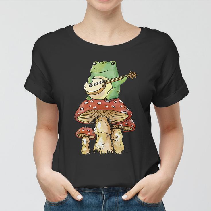 Frog Playing Banjo On Mushroom Cute Cottagecore Aesthetic Women T-shirt