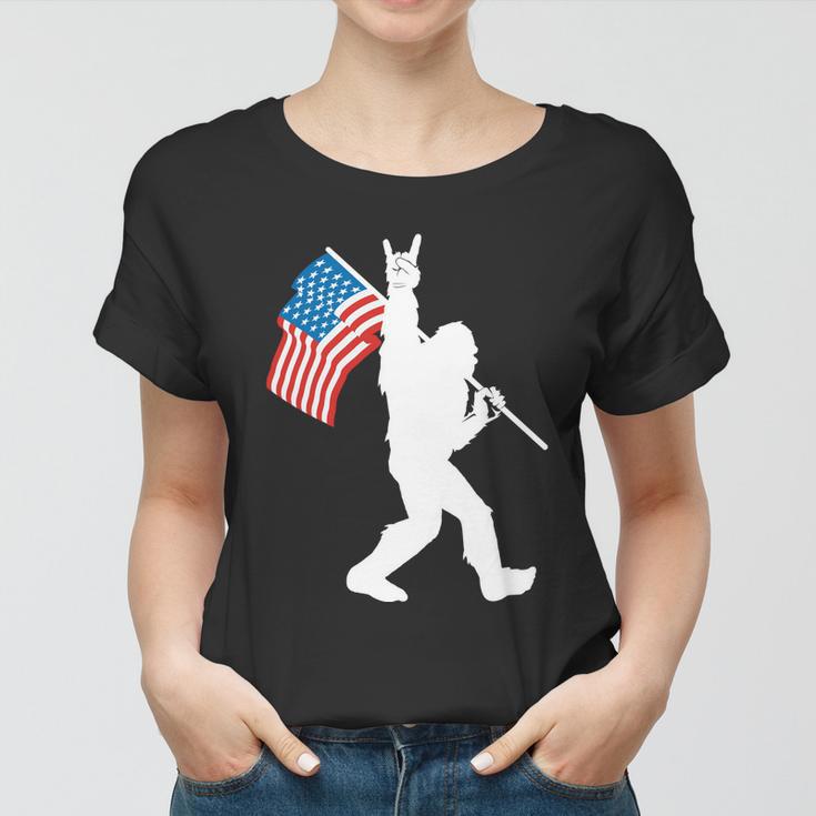 Funny Bigfoot 4Th Of July Rock And Roll Usa Flag For Sasquatch Believers Women T-shirt