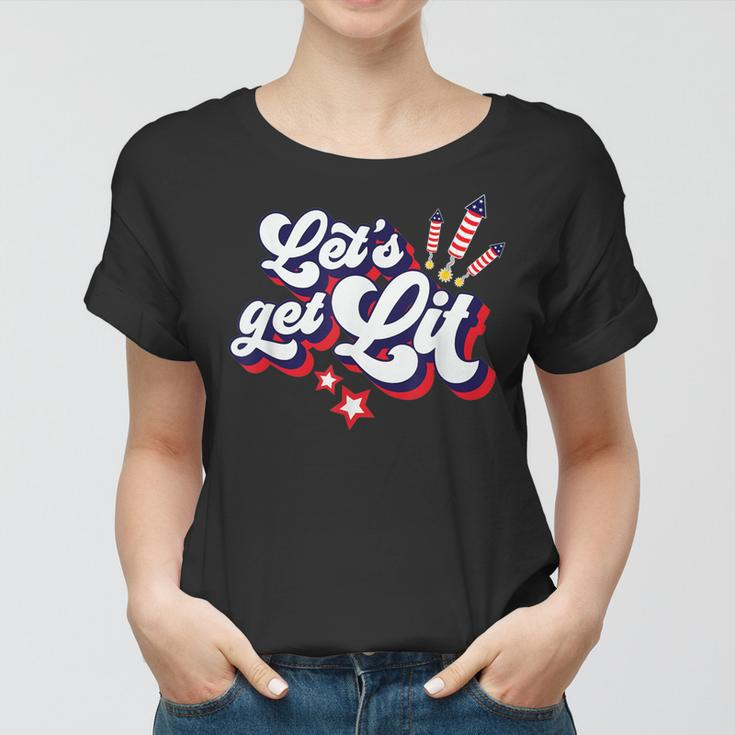 Funny Lets Get Lit Fireworks 4Th Of July Retro Vintage Women T-shirt