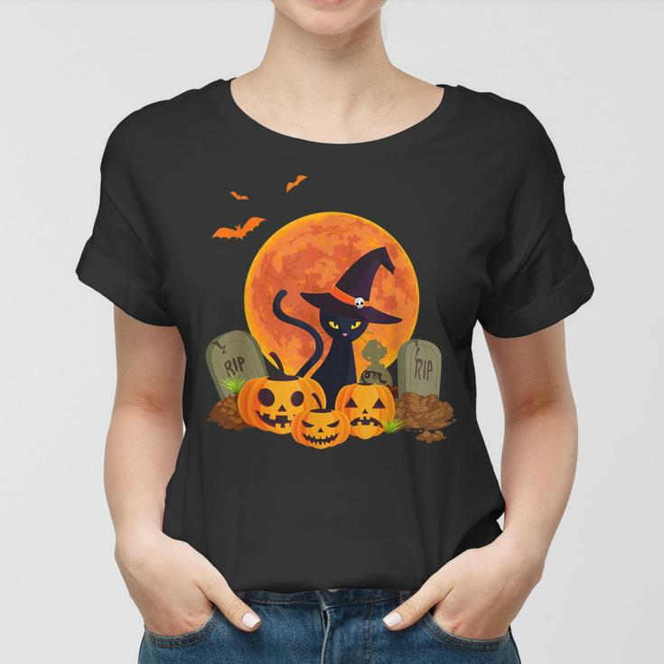 Halloween Cute Witch Cat Mom Pumpkin Graveyard Spooky Cat Women T-shirt