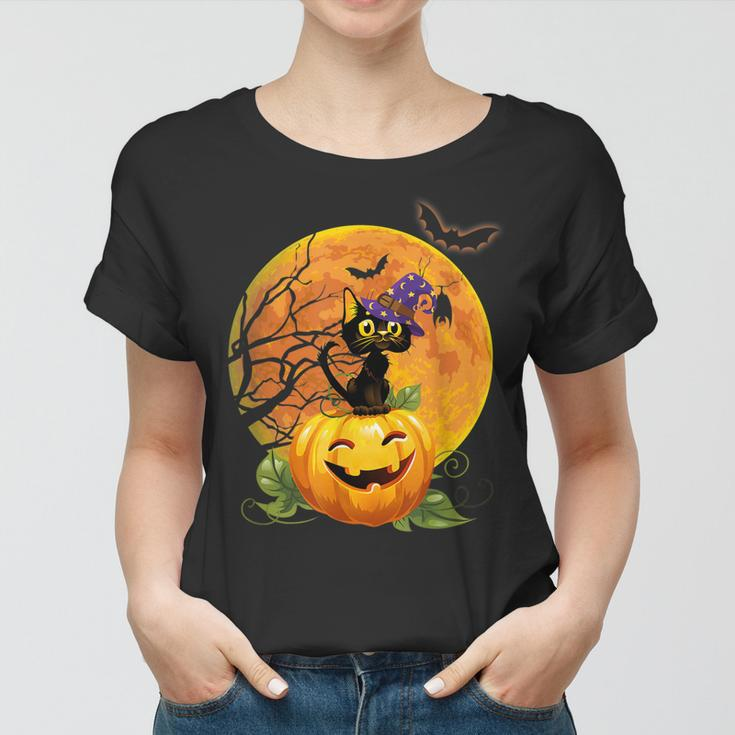 Halloween Cute Witch Cat Mom Pumpkin Moon Spooky Cat Women T-shirt